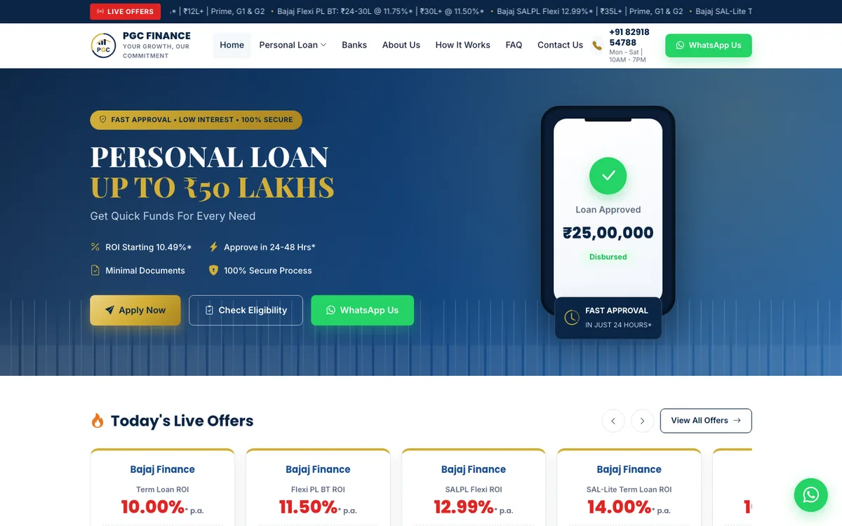 pgcfinance.online — personal loan marketing site with live offers and WhatsApp lead capture